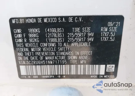 2022 Honda Hr-V Awd Ex из США, поврежденный, VIN 3CZRU6H51NM717195